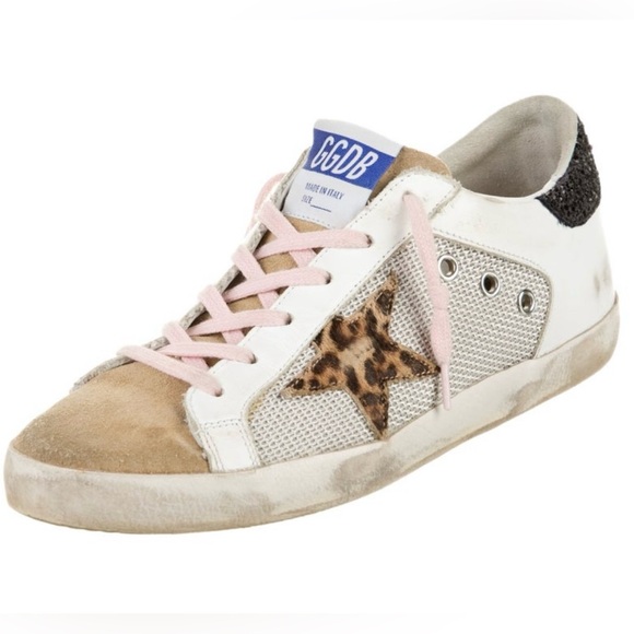 Golden Goose Shoes - Golden Goose White Beige Leopard Star Sneakers with Pink Laces